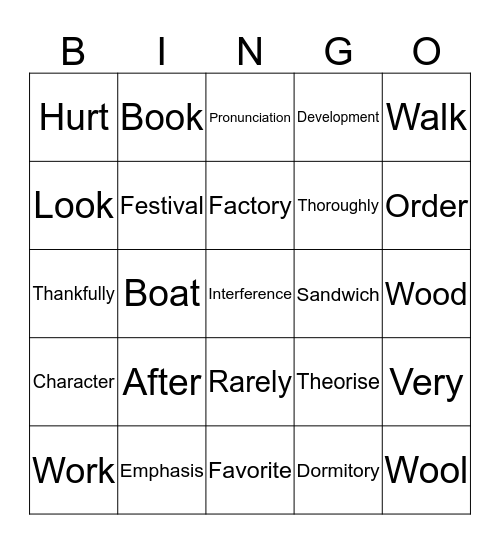 Pronunciation Bingo Card