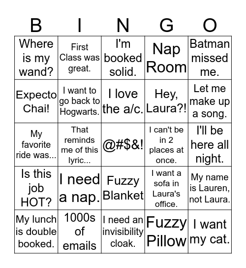 Lauren's First Day Back From Hogwarts Bingo Card