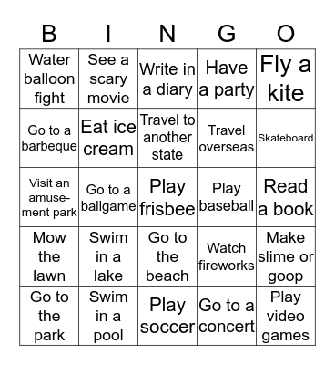 Summertime Activities Bingo Card