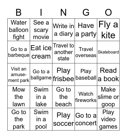 Summertime Activities Bingo Card