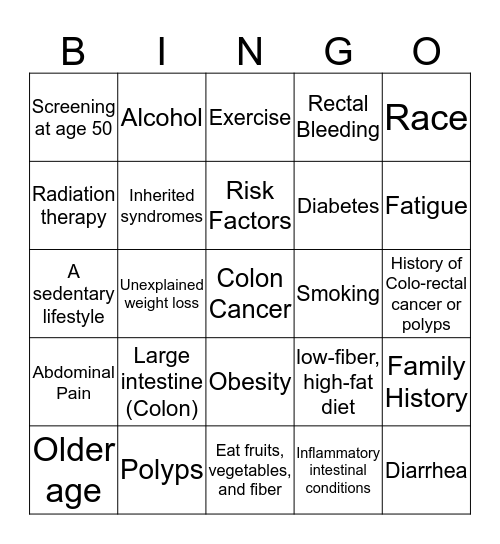 Colon Cancer Bingo Card
