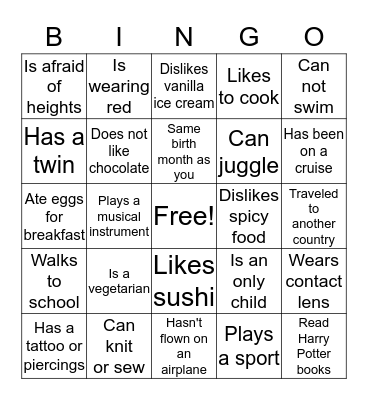 Meet My Classmates Bingo Card