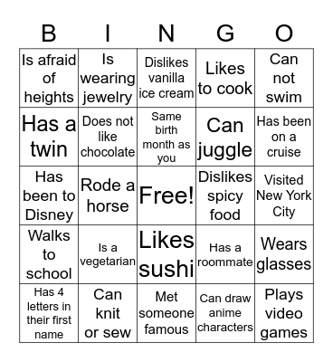 Meet My Classmates Bingo Card
