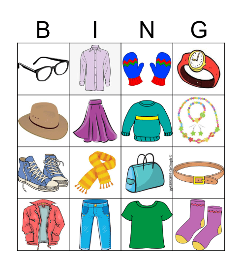 Clothing Bingo Card