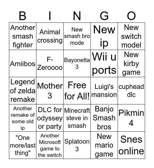 Nintendo E3 Bingo Card