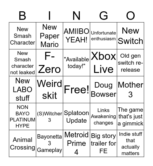 E3 Nintendo Bingo Card