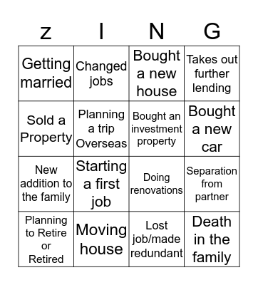 Life Event Bingo Card