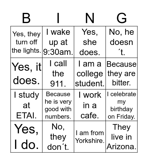 Simple Present Bingo Card
