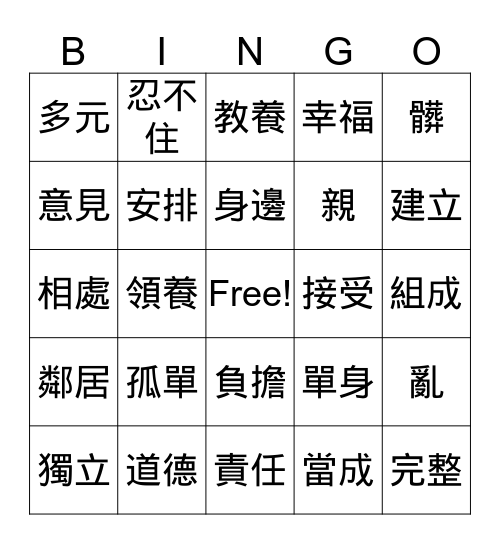 當代三 L7 Topic:家庭 Bingo Card