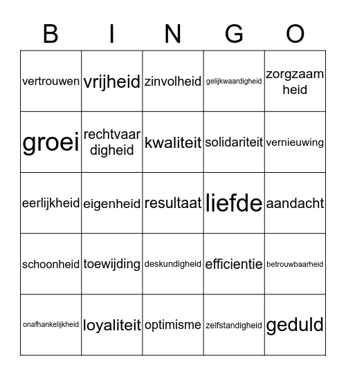 Kernwaarden Bingo Card