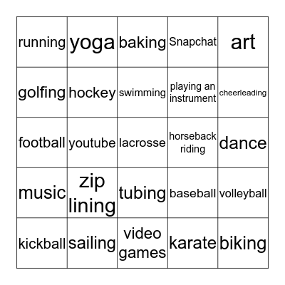 I LOVE... Bingo Card