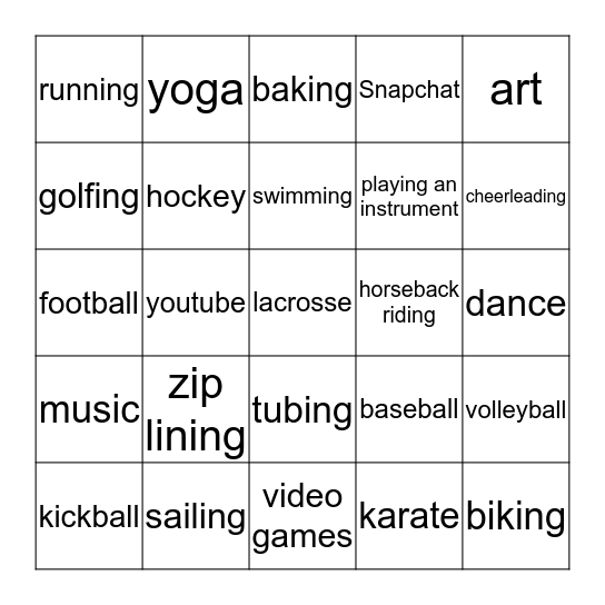 I LOVE... Bingo Card