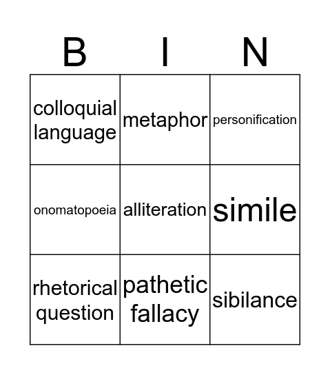 Language Techniques Bingo Card