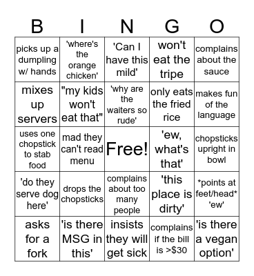 White Ppl in Chinese Restaurants Bingo Card