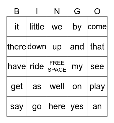 Sight Word Bingo Card
