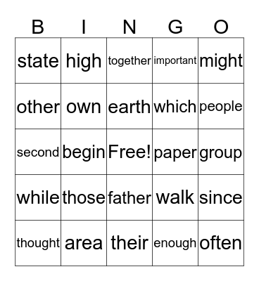 Second Grade Bingo Card