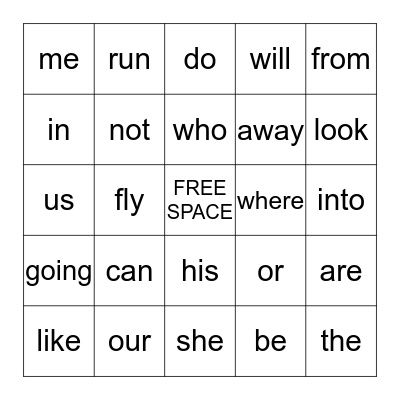 Sight Word Bingo Card