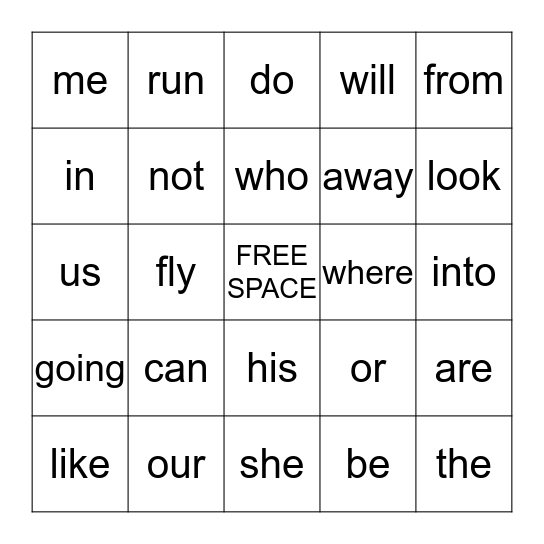 Sight Word Bingo Card