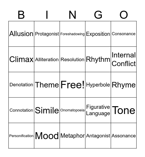 Literature Final Review Bingo Card