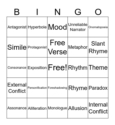 Literature Bingo Card