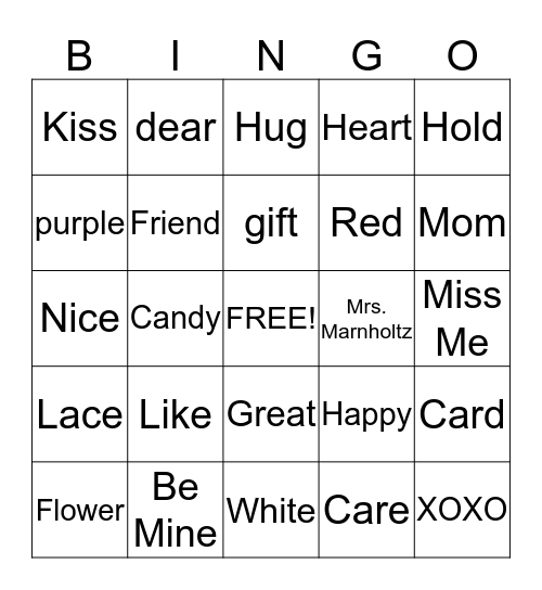 Valentines Day Bingo Card