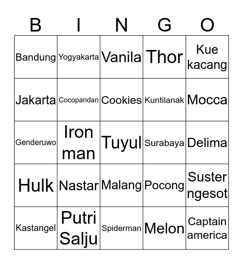 acal cantik Bingo Card