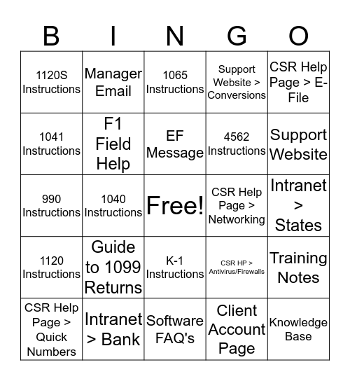 Resource Bingo Card