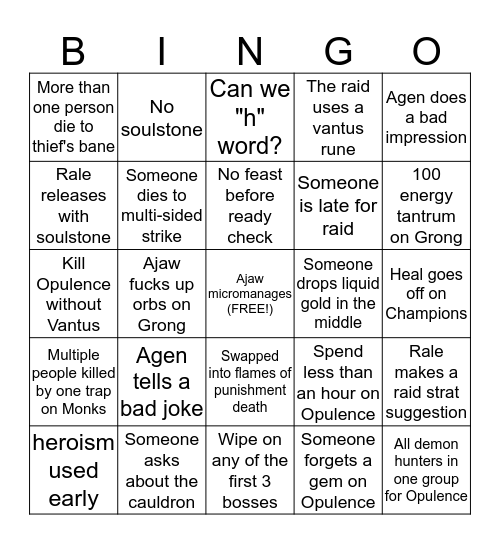 Raid Night BoD Bingo Card
