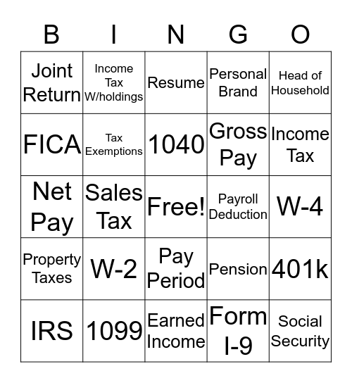 Career & Taxes Bingo Card