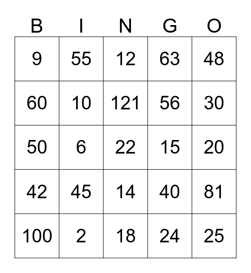 Multiplication BINGO Card