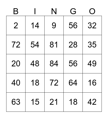 Multiplication Bingo Card