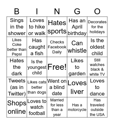 Getting To Know You DATE NIGHT Bingo Card