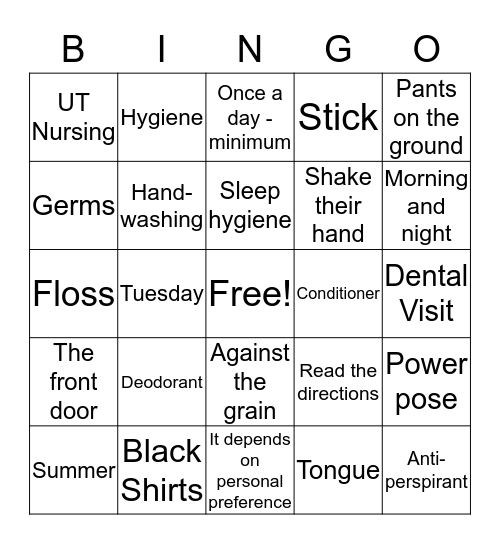 HYGIENE BINGO Card