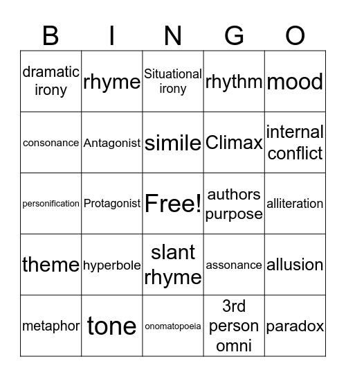 English Bingo Card