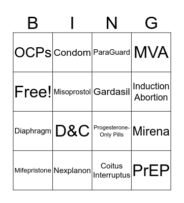 Women's Health Bingo Card