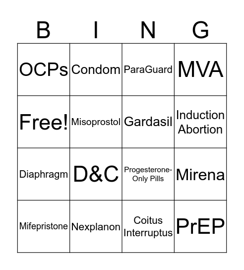 Women's Health Bingo Card