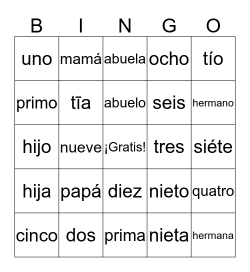 Colores, Números y Familia Bingo Card