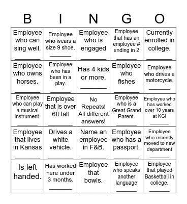 Employee Black Out Bingo Card