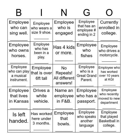 Employee Black Out Bingo Card