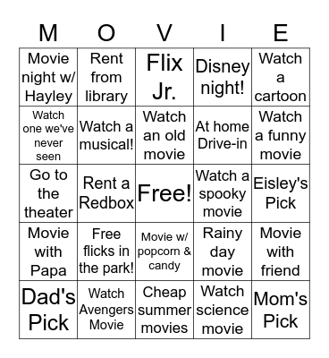 Summer Movie Challenge Bingo Card