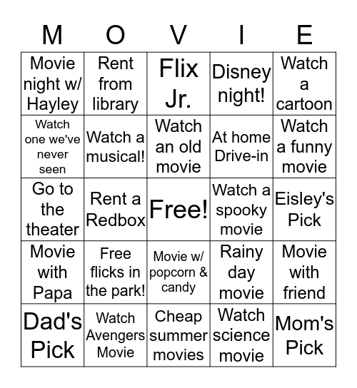 Summer Movie Challenge Bingo Card