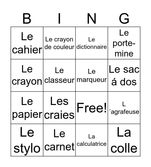 Matériel Scolaire Bingo Card