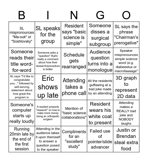 Ortho Research Day 2018 Bingo Card