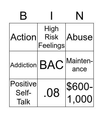 DUI Education Review Bingo Card