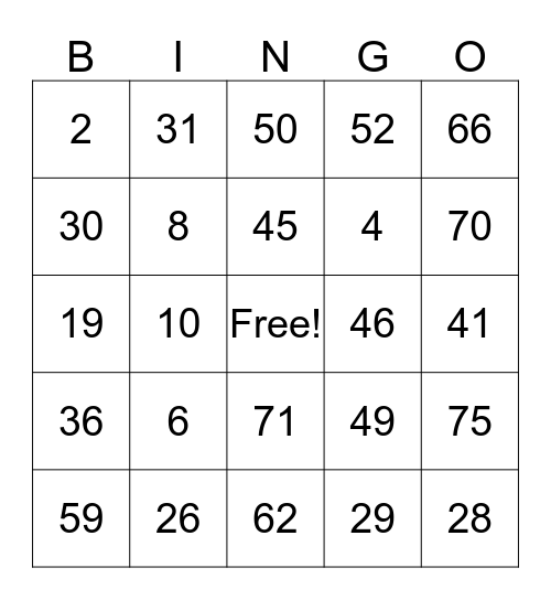 Numbers only Bingo Card