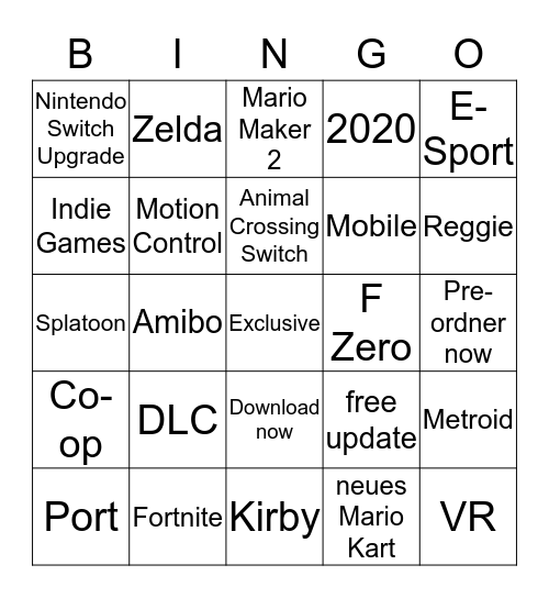 Nintendo Bingo Card