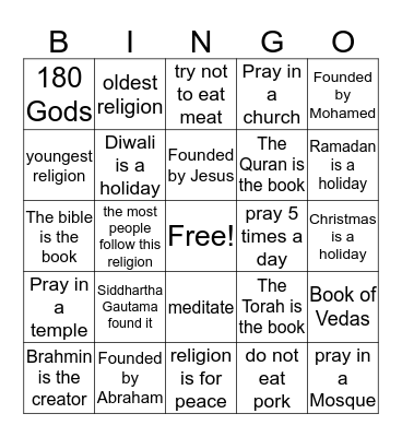 5 Major Relgions Bingo Card