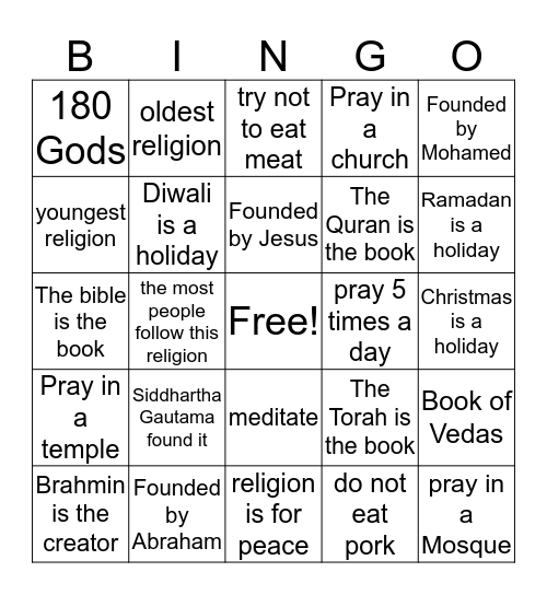 5 Major Relgions Bingo Card