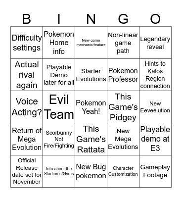 Pokemon Direct Bingo Card