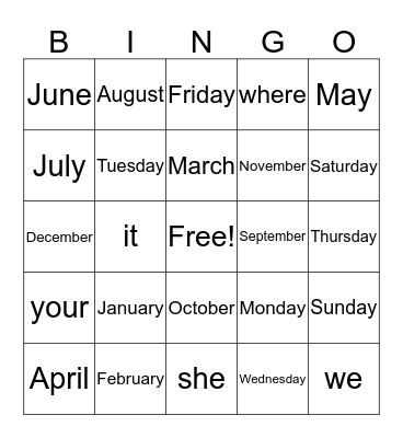 Site Word Bingo Month/Day Bingo Card